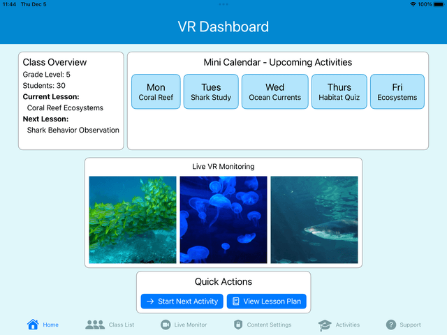 TeachTab 360 VR Dashboard showing class overview, weekly calendar, live VR monitoring feeds, and quick action buttons