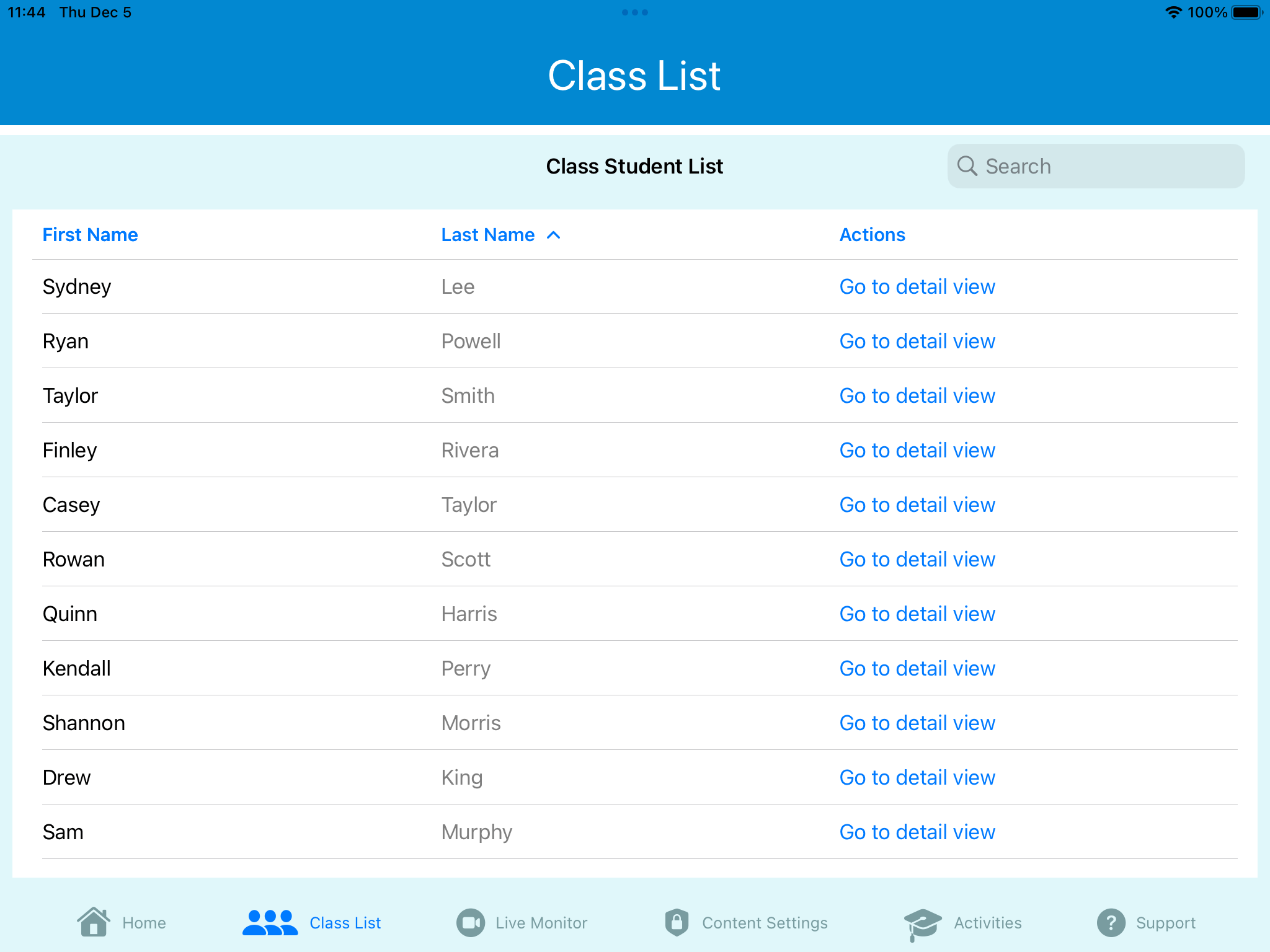 Class list screen showing a searchable student roster with first name, last name, and detail view links
