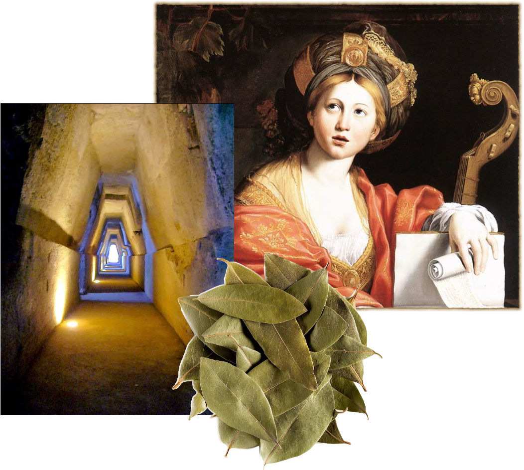 Collage of the Cumaean Sibyl painting by Domenichino, the trapezoidal stone corridor of the Sibyl's cave at Cumae, and a bundle of laurel leaves
