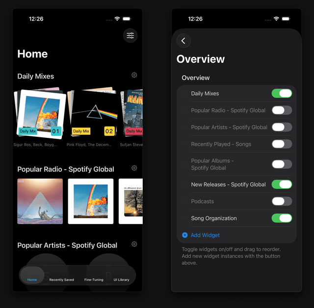 High-fidelity prototype of the redesigned Spotify homepage with customizable widget system