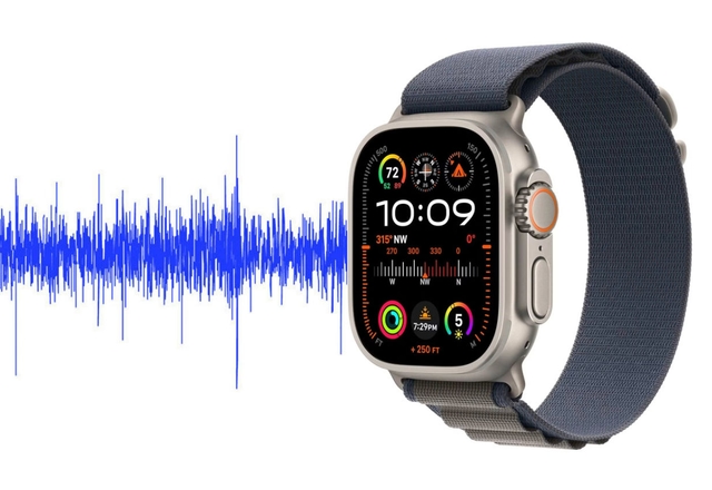 Apple Watch Ultra with a bioacoustic waveform visualization extending from the wrist