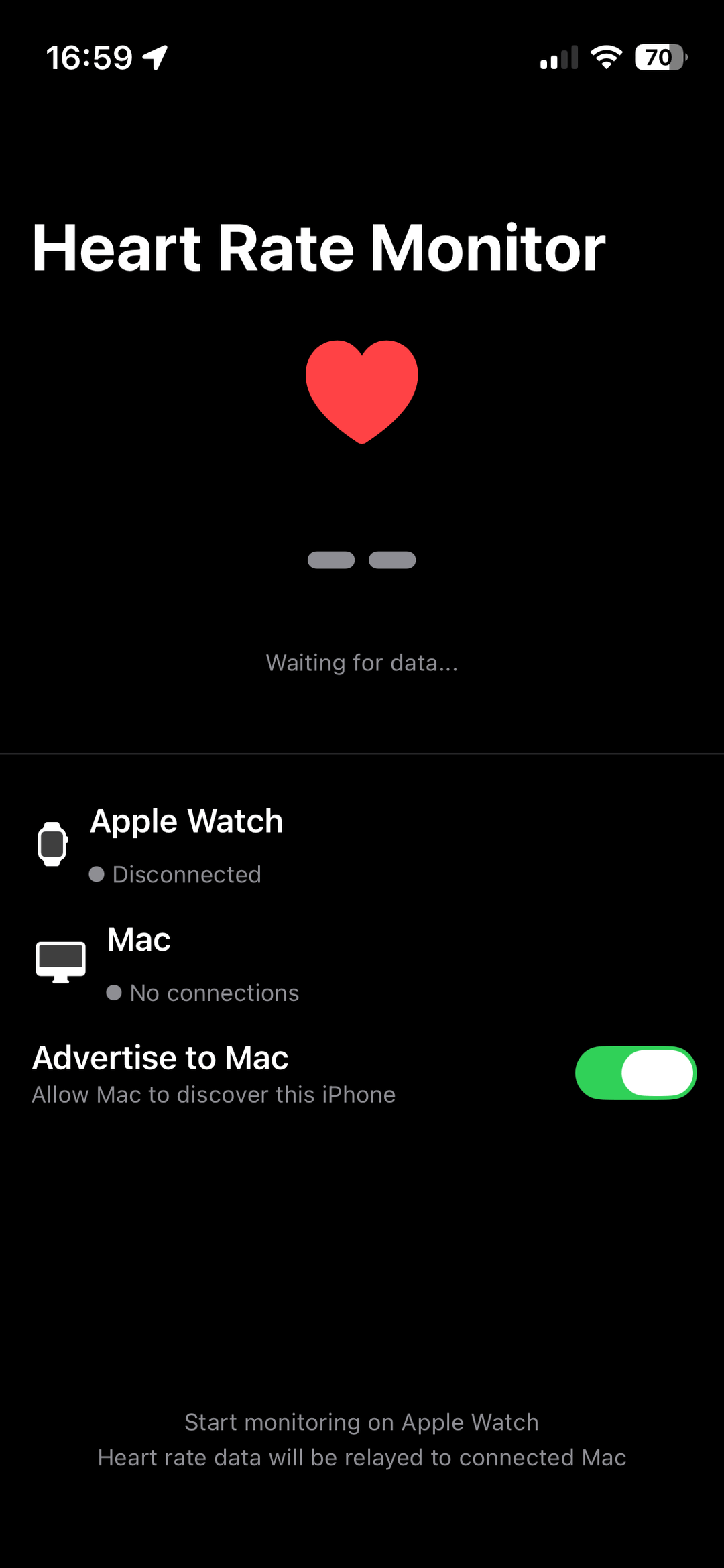 iPhone proxy app displaying wireless connectivity state between the Apple Watch and the Mac laptop