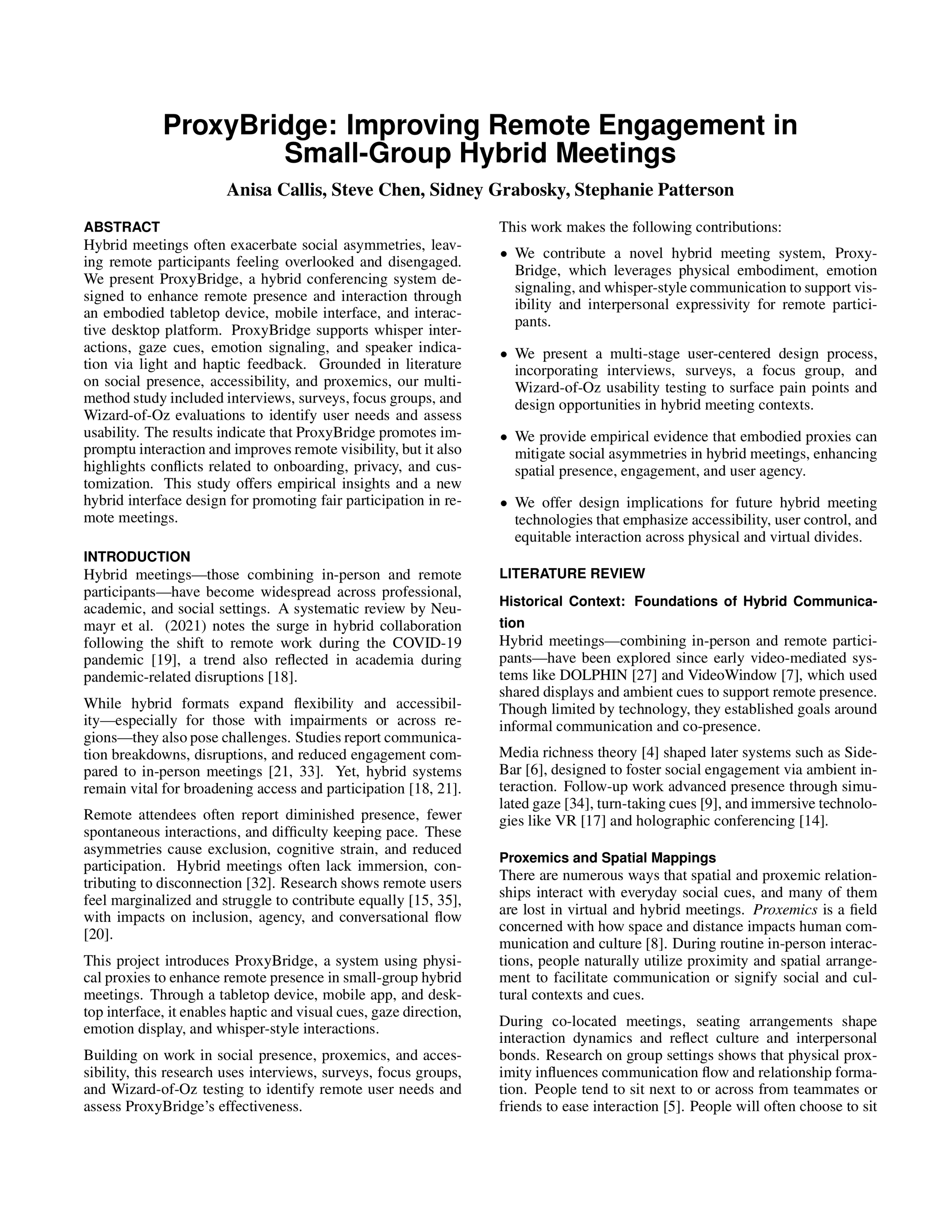 First page of "ProxyBridge: Improving Remote Engagement in Small-Group Hybrid Meetings"