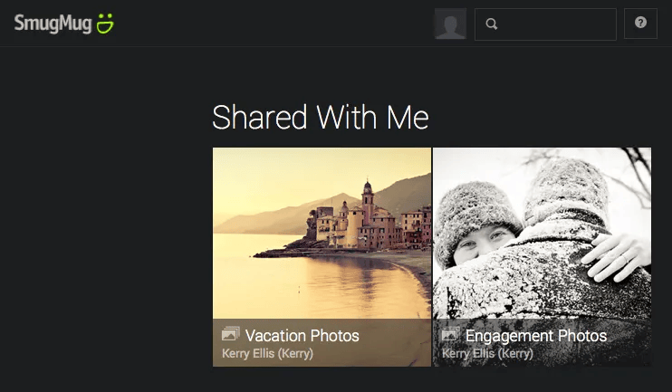 SmugMug 'Shared With Me' page displaying two privately shared galleries with thumbnail previews