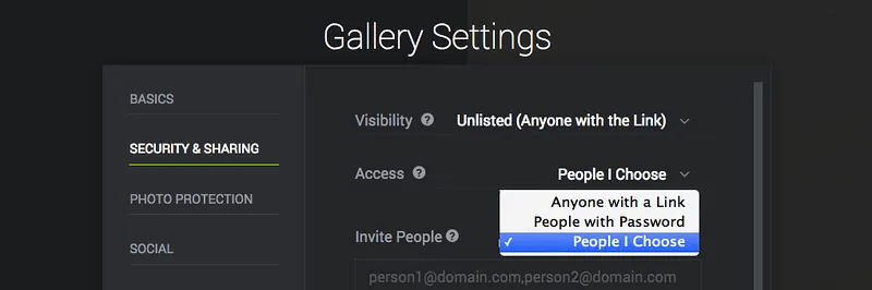 Gallery settings showing the access control dropdown with 'Anyone with a Link,' 'People with Password,' and 'People I Choose' options