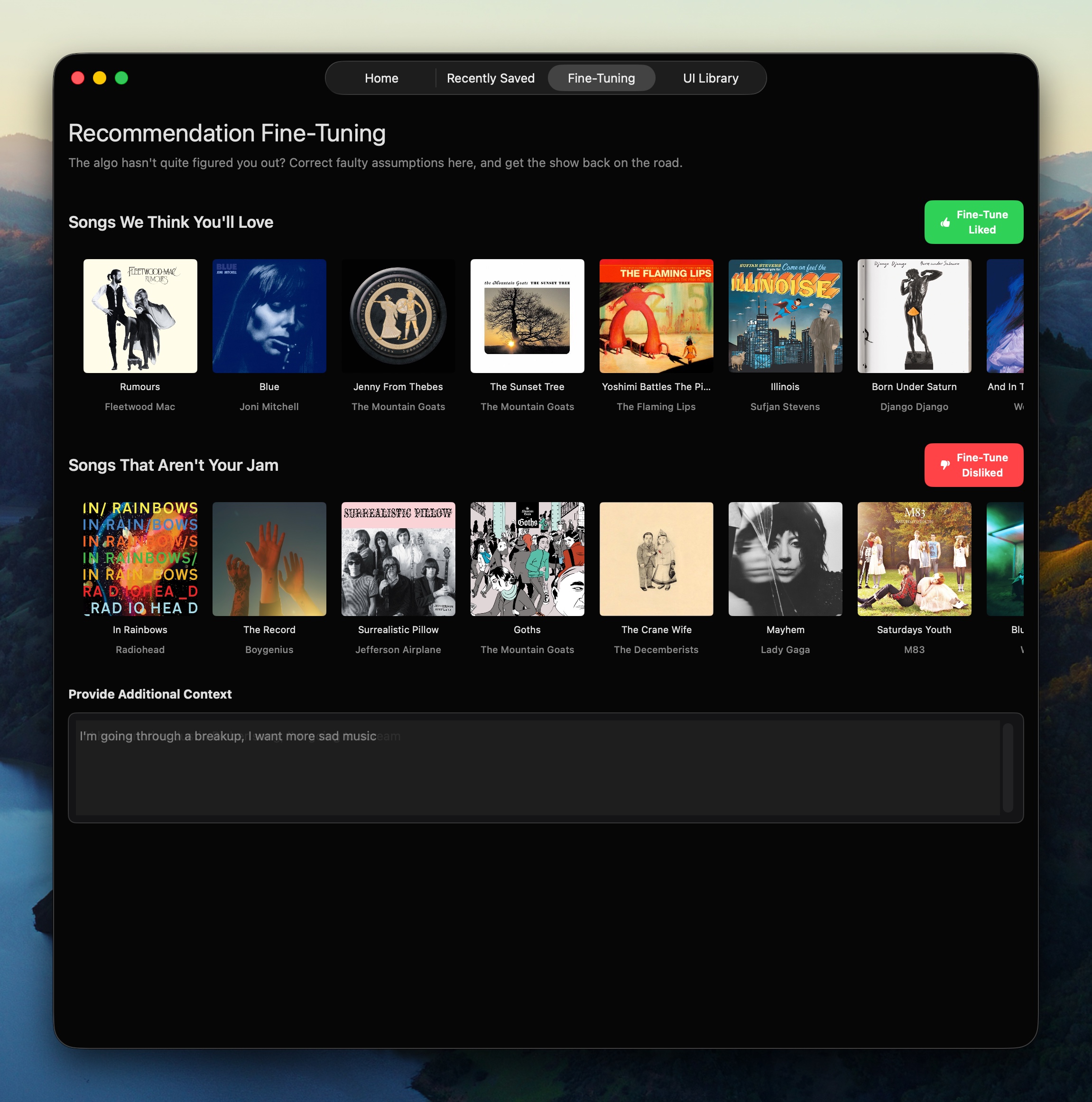 Recommendation Fine-Tuning interface showing 'Songs We Think You'll Love' and 'Songs That Aren't Your Jam' rows with album art