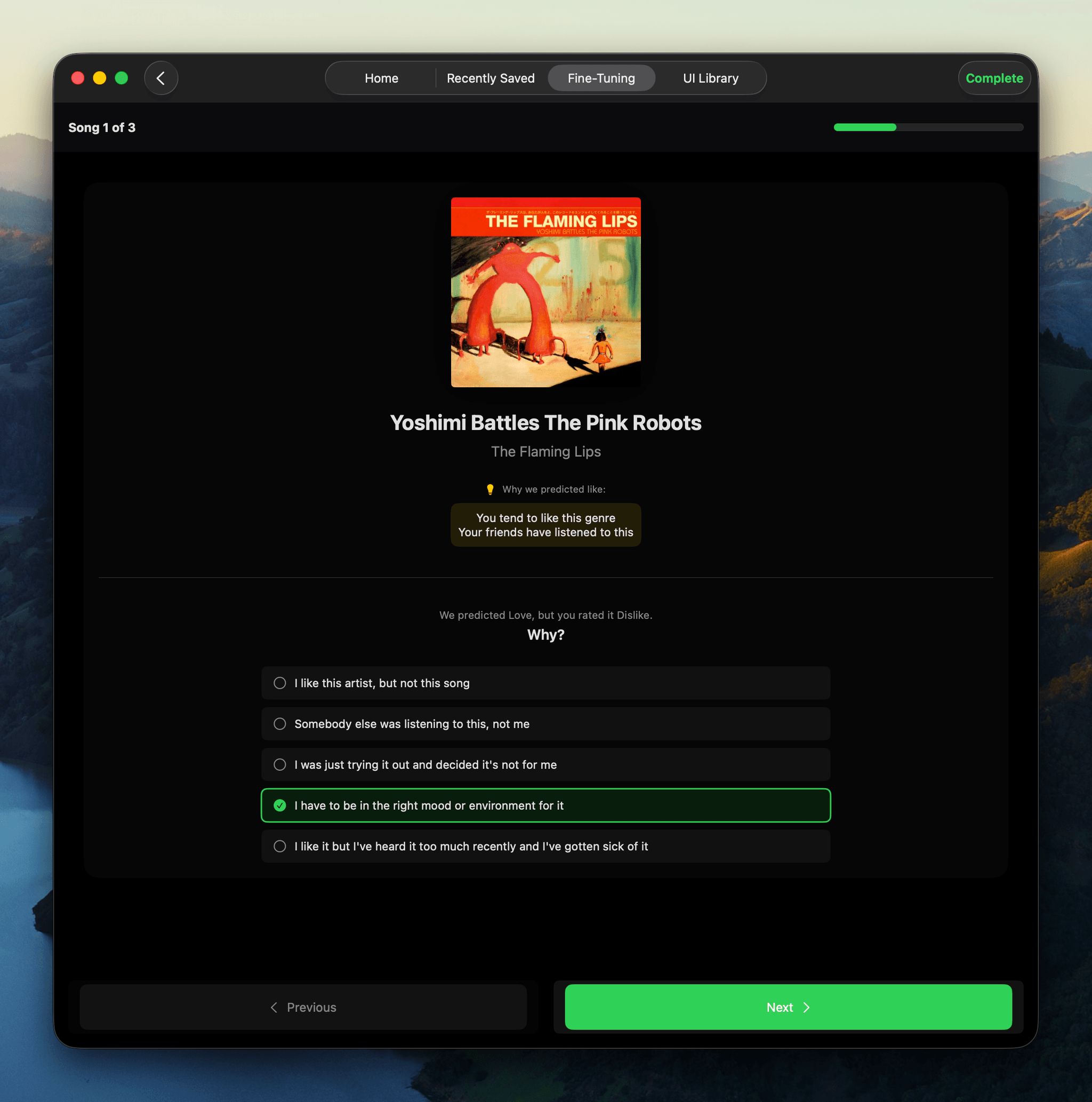 Fine-tuning feedback screen showing a song rated Dislike with the question 'Why?' and multiple-choice options