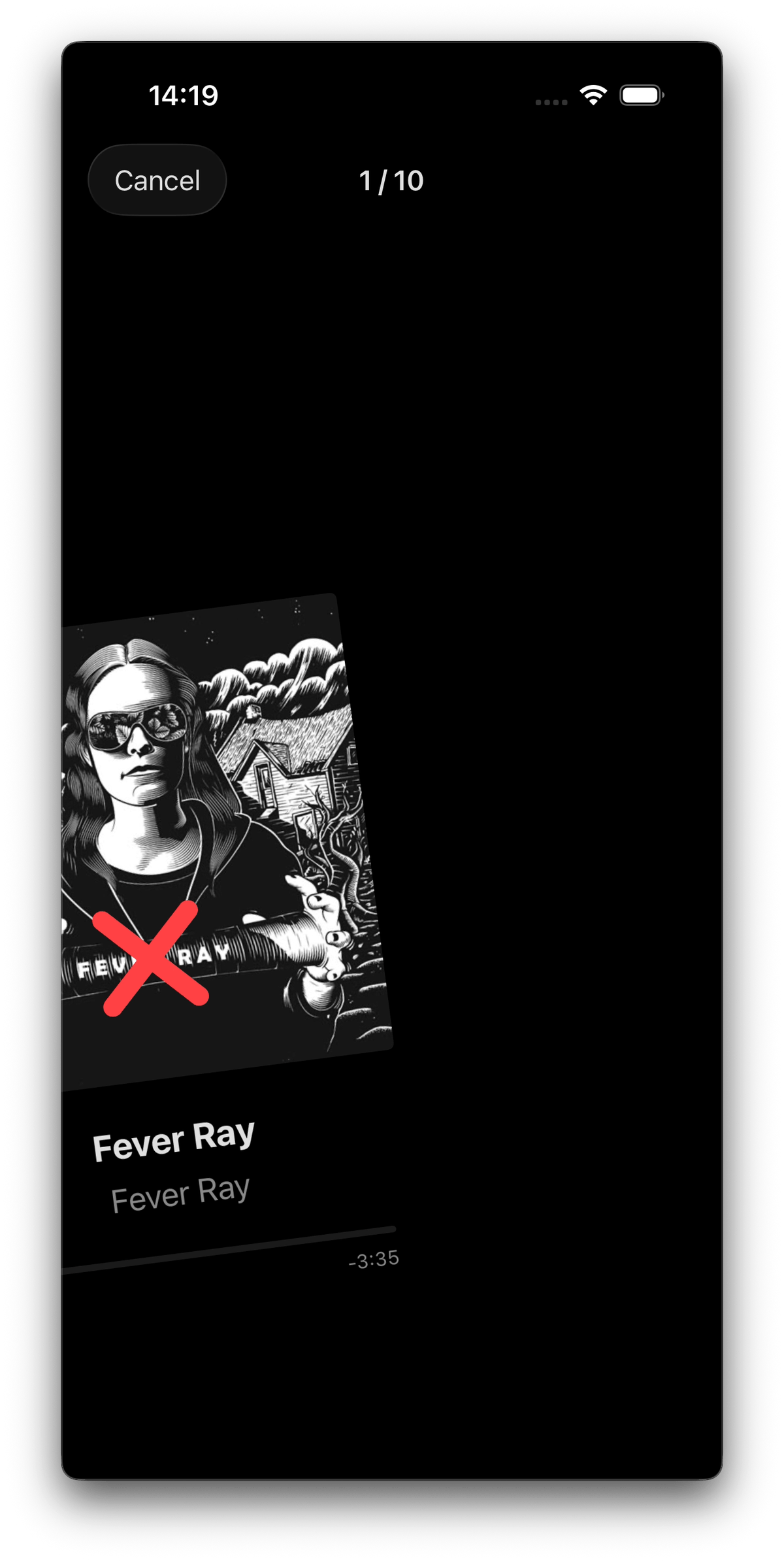 iPhone screenshot showing the swipe-based fine-tuning interface mid-swipe with red X overlay indicating dislike
