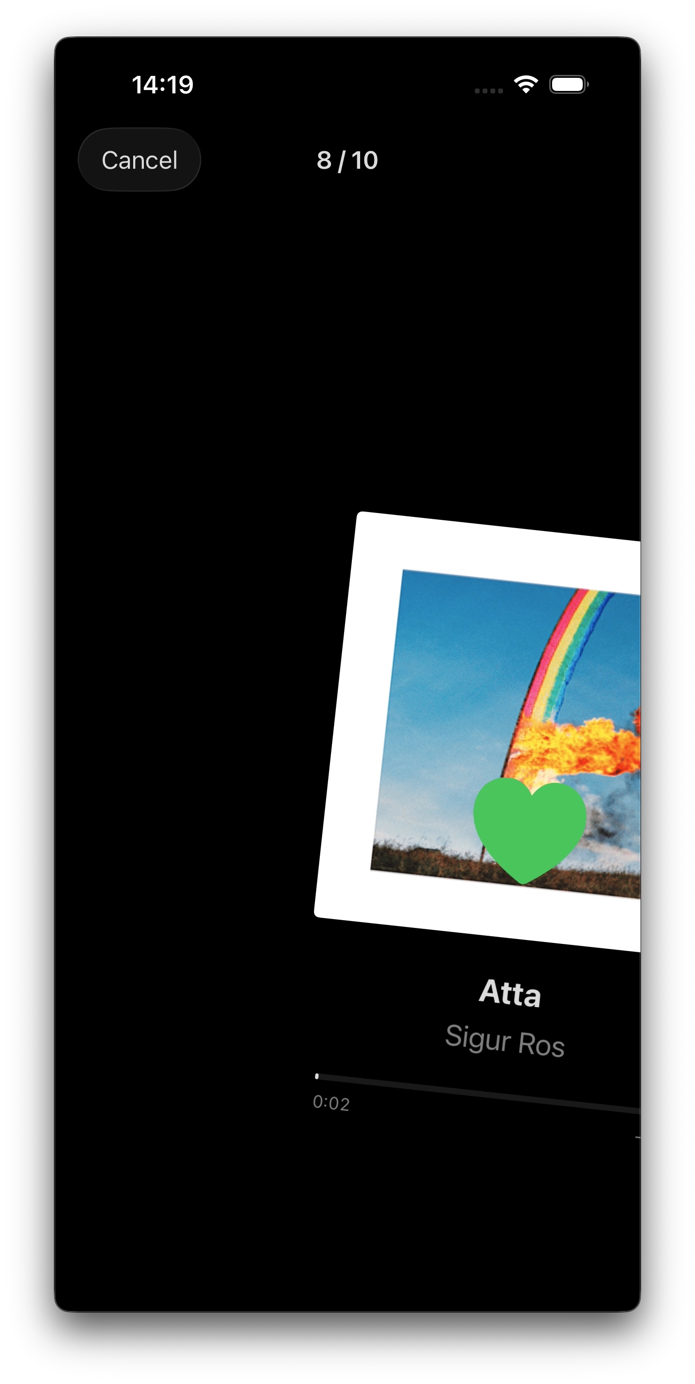 iPhone screenshot showing the swipe-based fine-tuning interface mid-swipe with green heart overlay indicating like