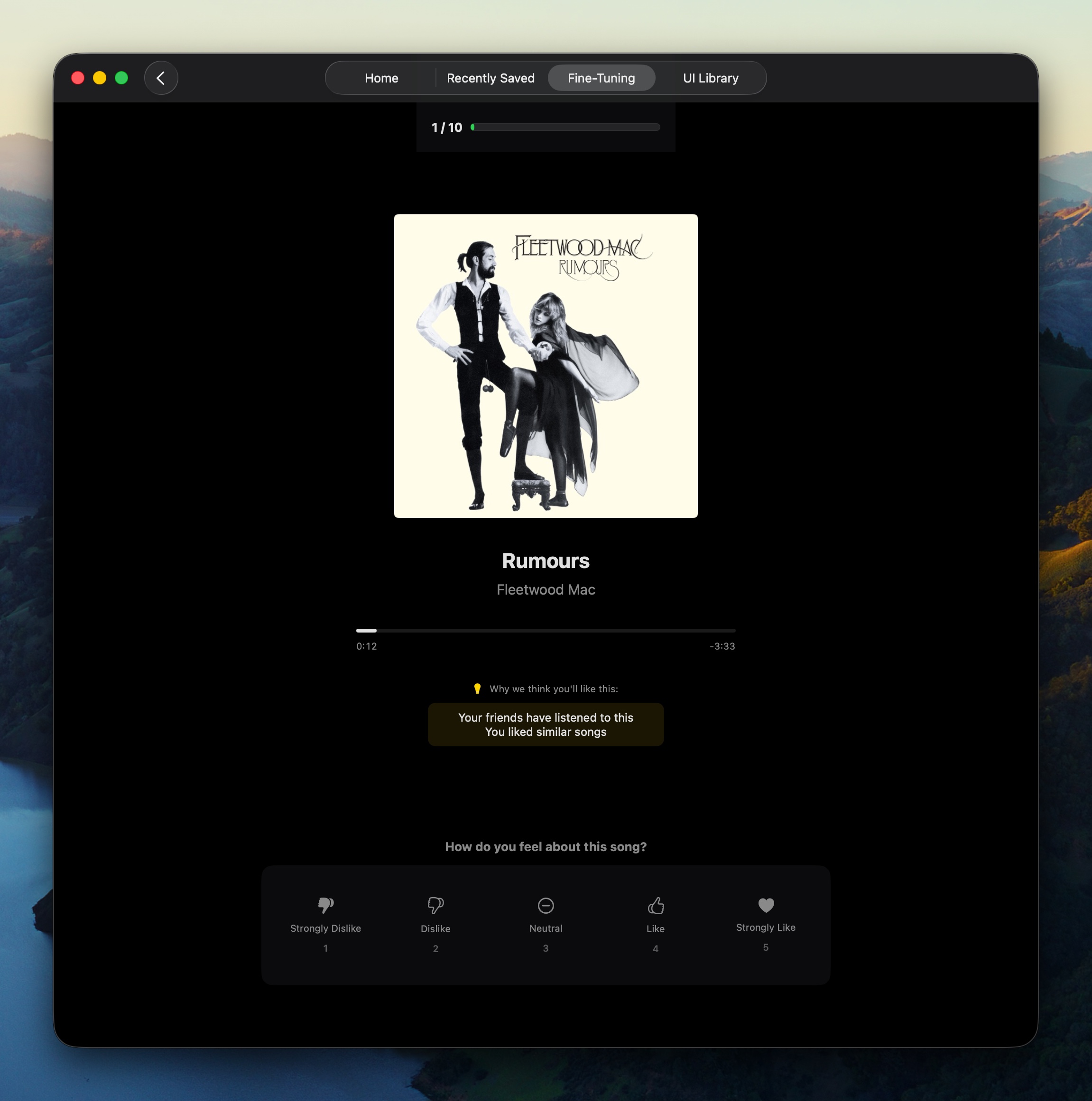 Fine-tuning rating screen showing Fleetwood Mac's Rumours album with a 5-point rating scale and explainability tags