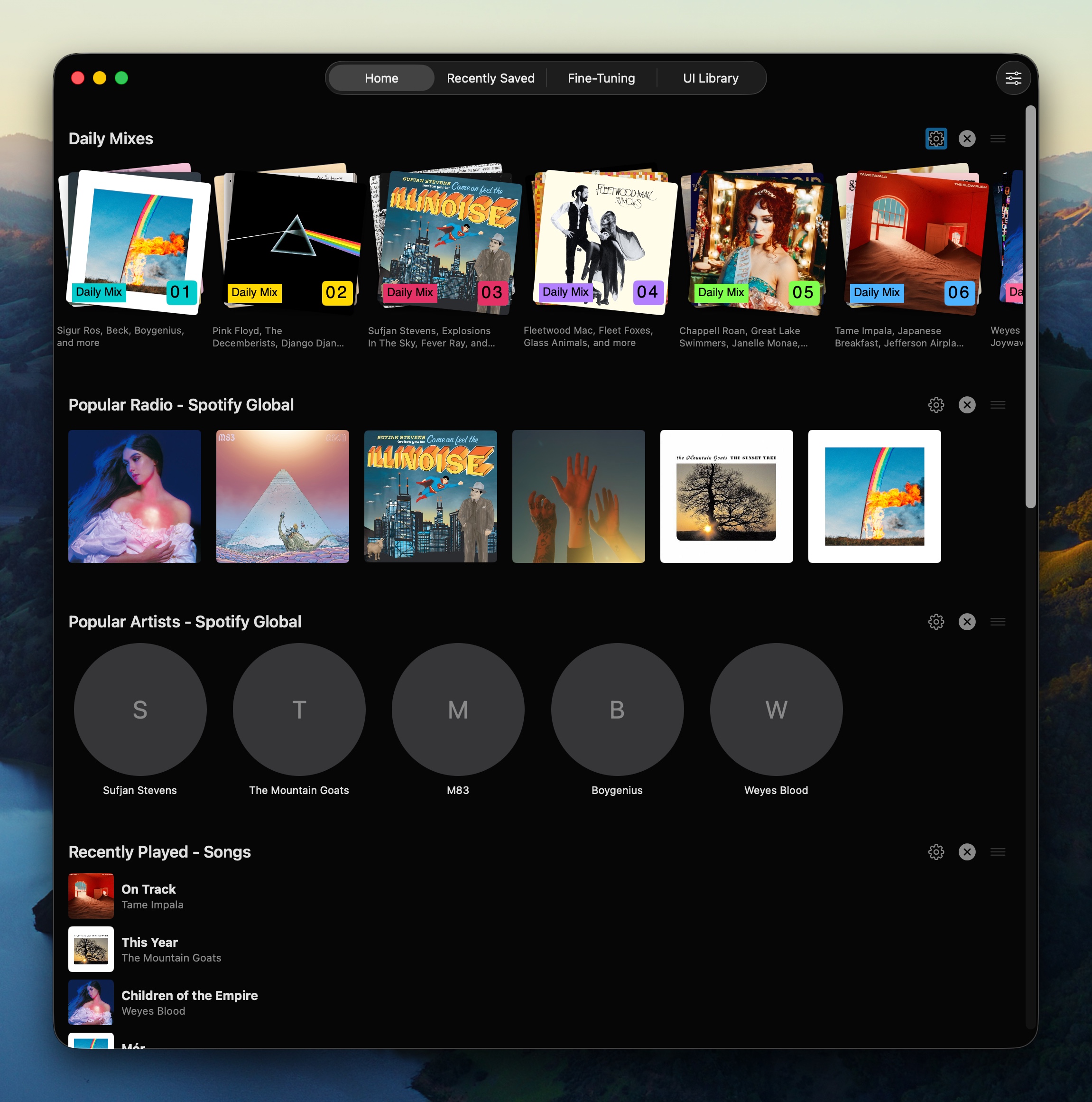 Redesigned Spotify homepage showing customizable widget sections: Daily Mixes, Popular Radio, Popular Artists, and Recently Played