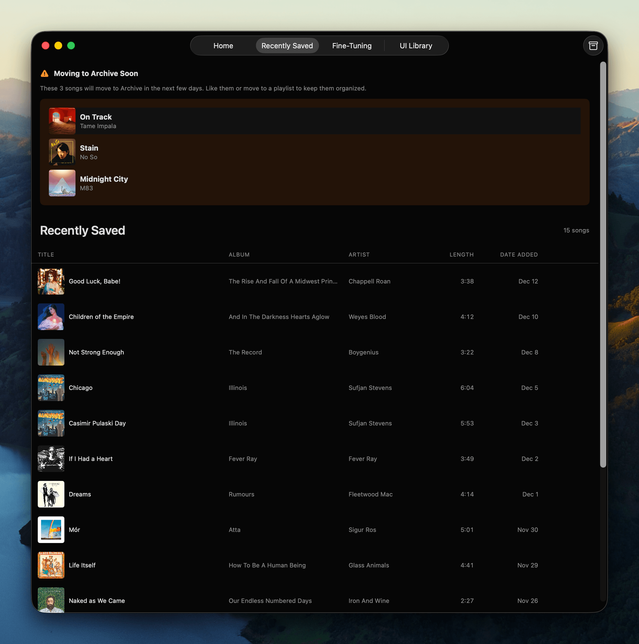 Recently Saved playlist showing 'Moving to Archive Soon' warning section with three songs, followed by the main recently saved list with dates