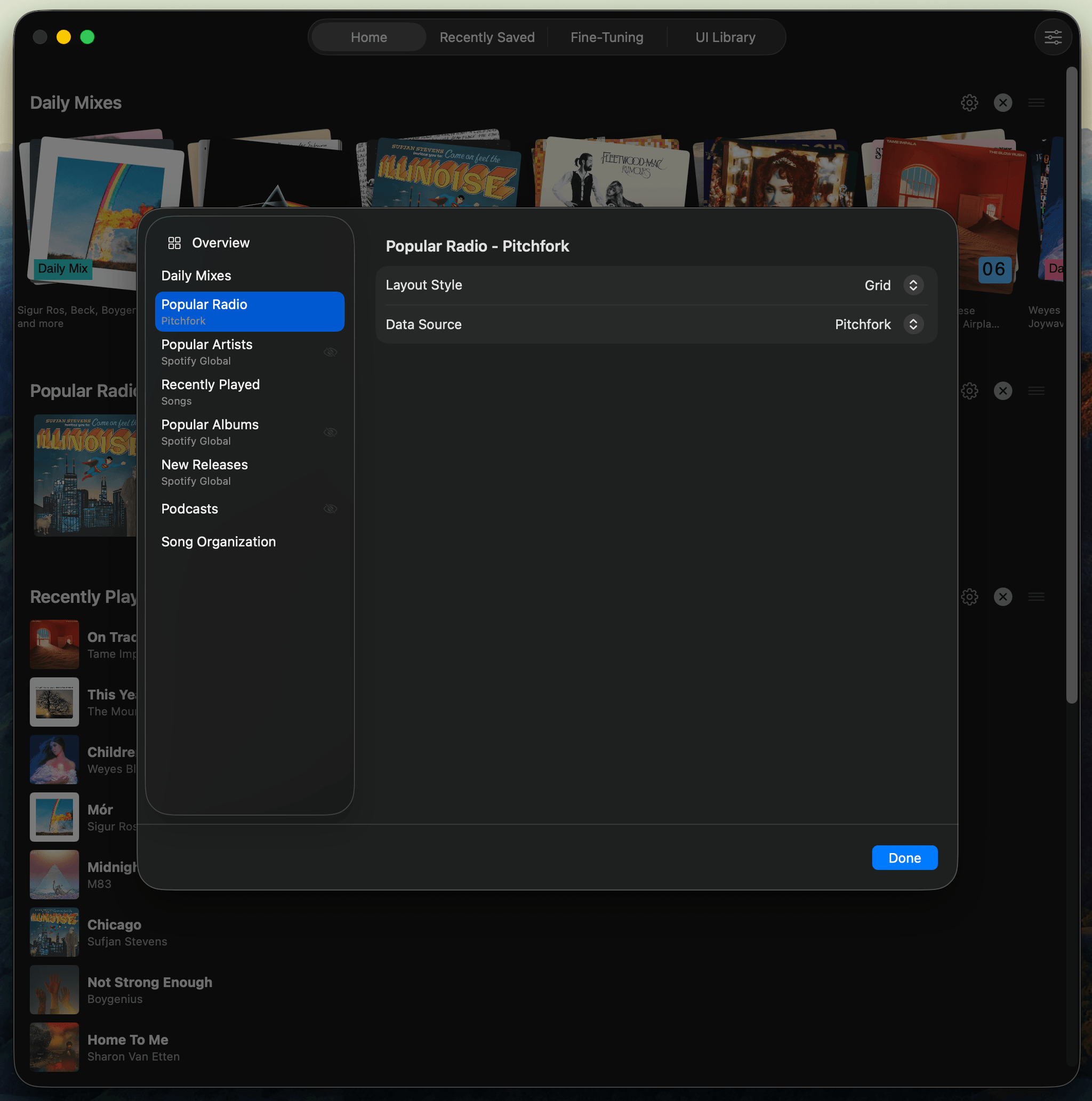Widget customization showing Pitchfork as a selectable data source for the Popular Radio widget