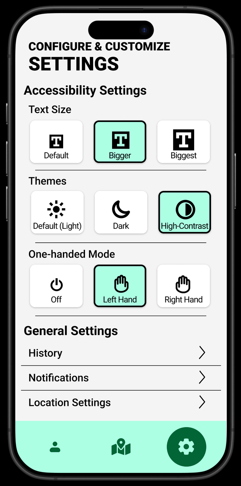 Settings screen showing accessibility options including text size, themes with high-contrast mode, and one-handed operation mode