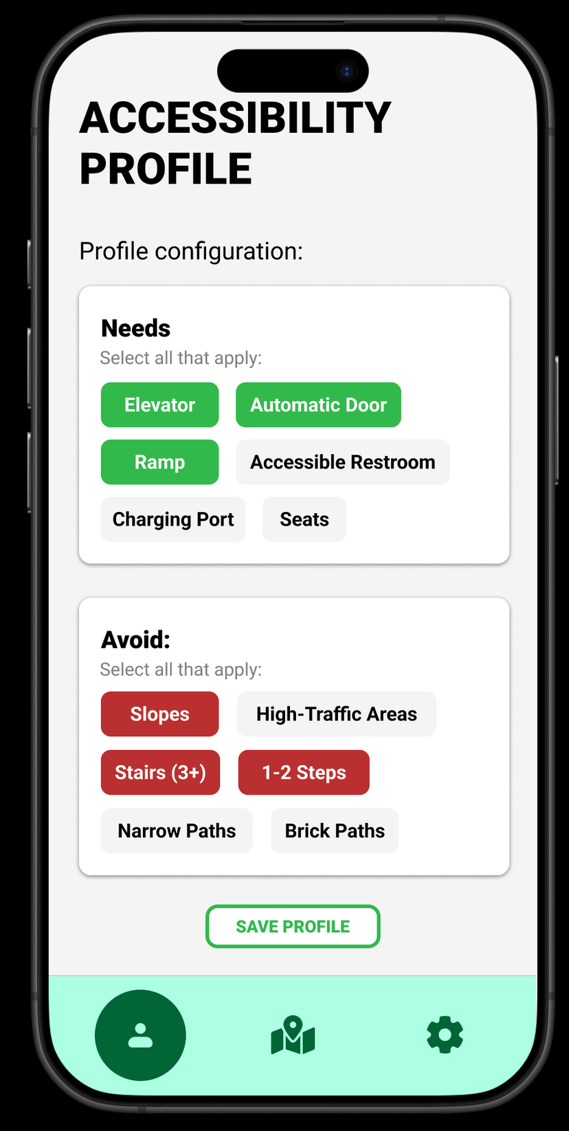 Profile configuration screen with toggles for needs like elevators and ramps, and avoidances like slopes and stairs