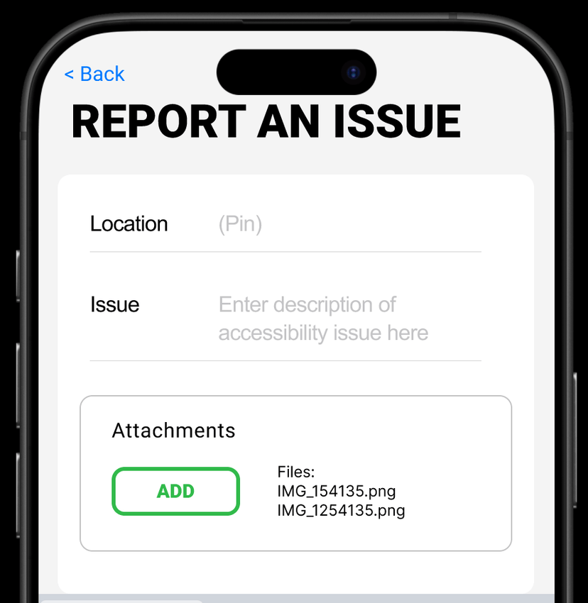 Report an Issue form allowing users to submit accessibility problems with location, description, and photo attachments