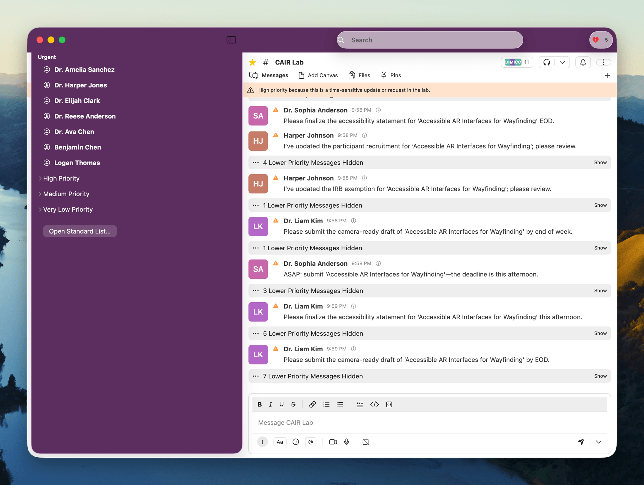 Slack prototype at high stress, simplified sidebar with only urgent contacts, low-priority messages collapsed into accordion rows