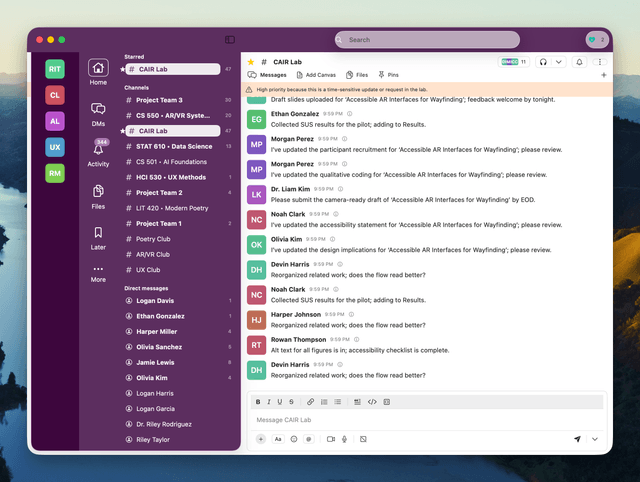 The adaptive Slack prototype at low stress, showing full sidebar and color-coded urgency indicators on messages
