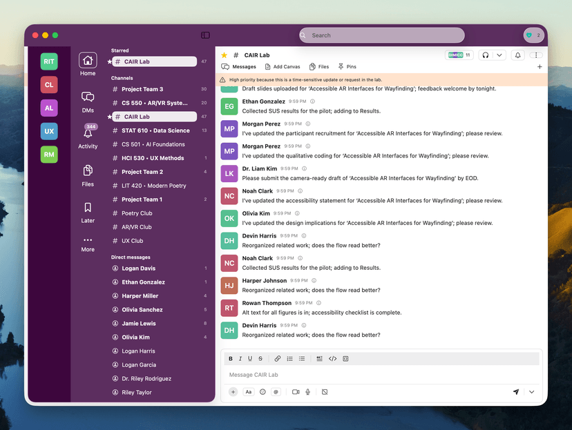 The adaptive Slack prototype at low stress, showing full sidebar and color-coded urgency indicators on messages