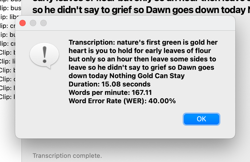 Results dialog showing the transcribed text, duration, words per minute, and word error rate for a completed trial