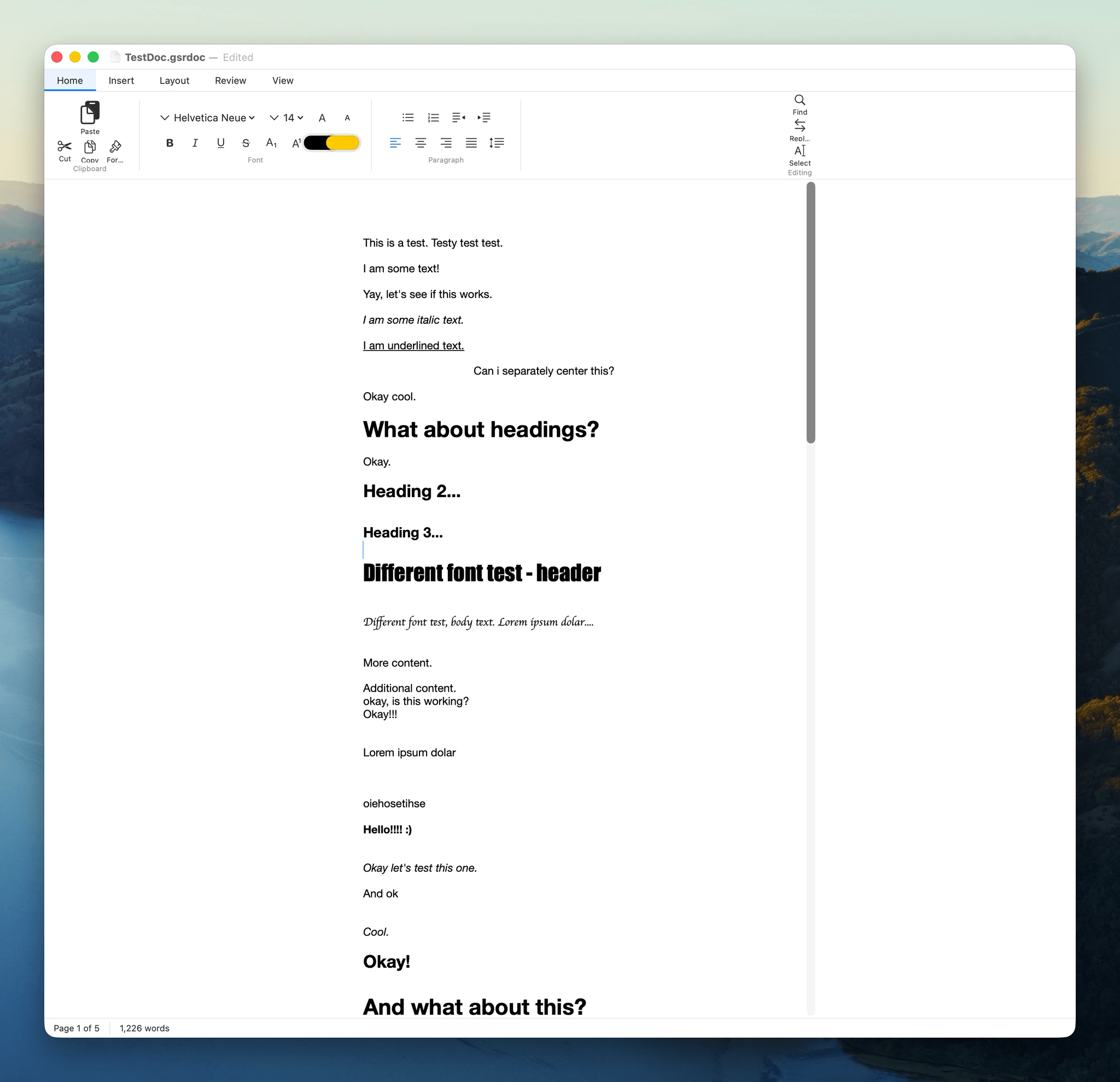 Word prototype at stress level 3, some ribbon elements and status bar items hidden